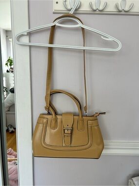 Classic Tan Satchel with Top Handles and Adjustable Strap